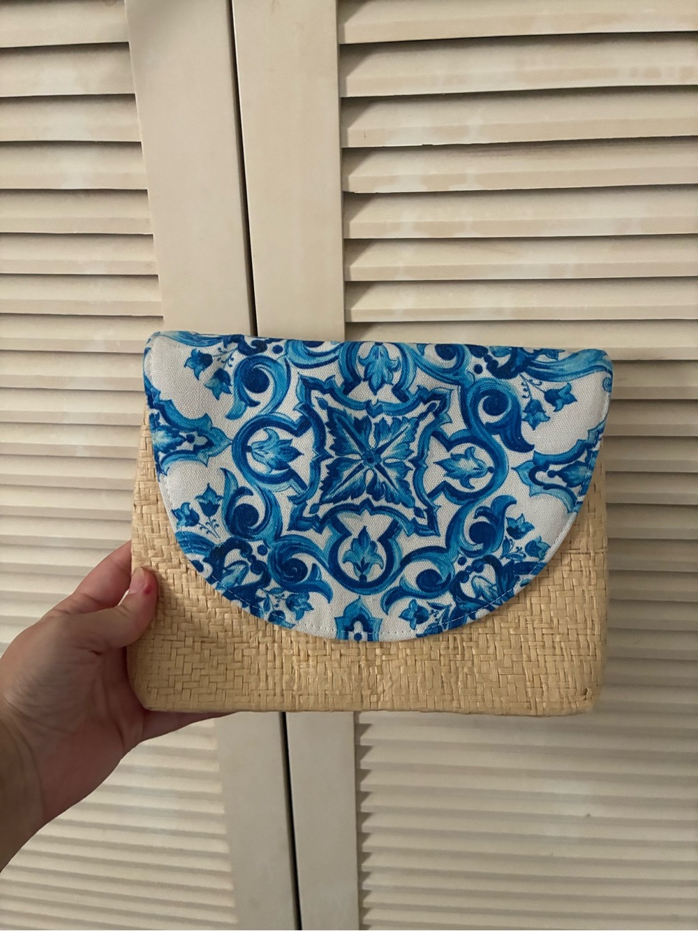 Dolce & Gabbana Blue and Natural Straw Clutch with Tile-Print Flap